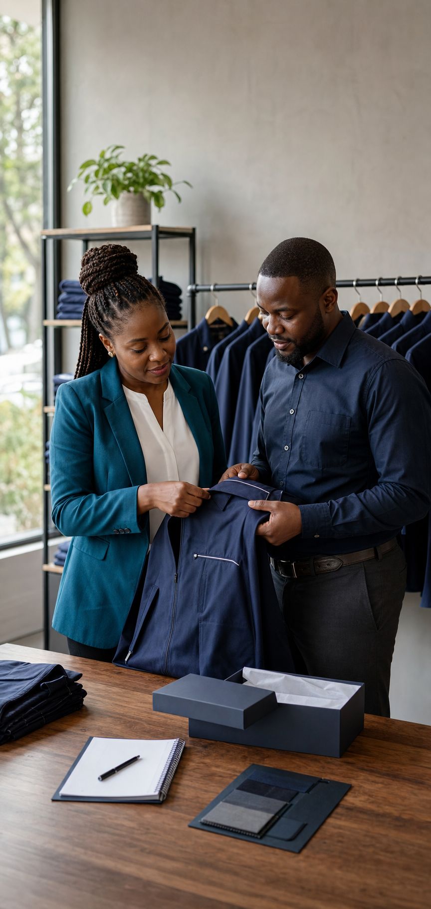 Reviewing branded apparel samples with a client
