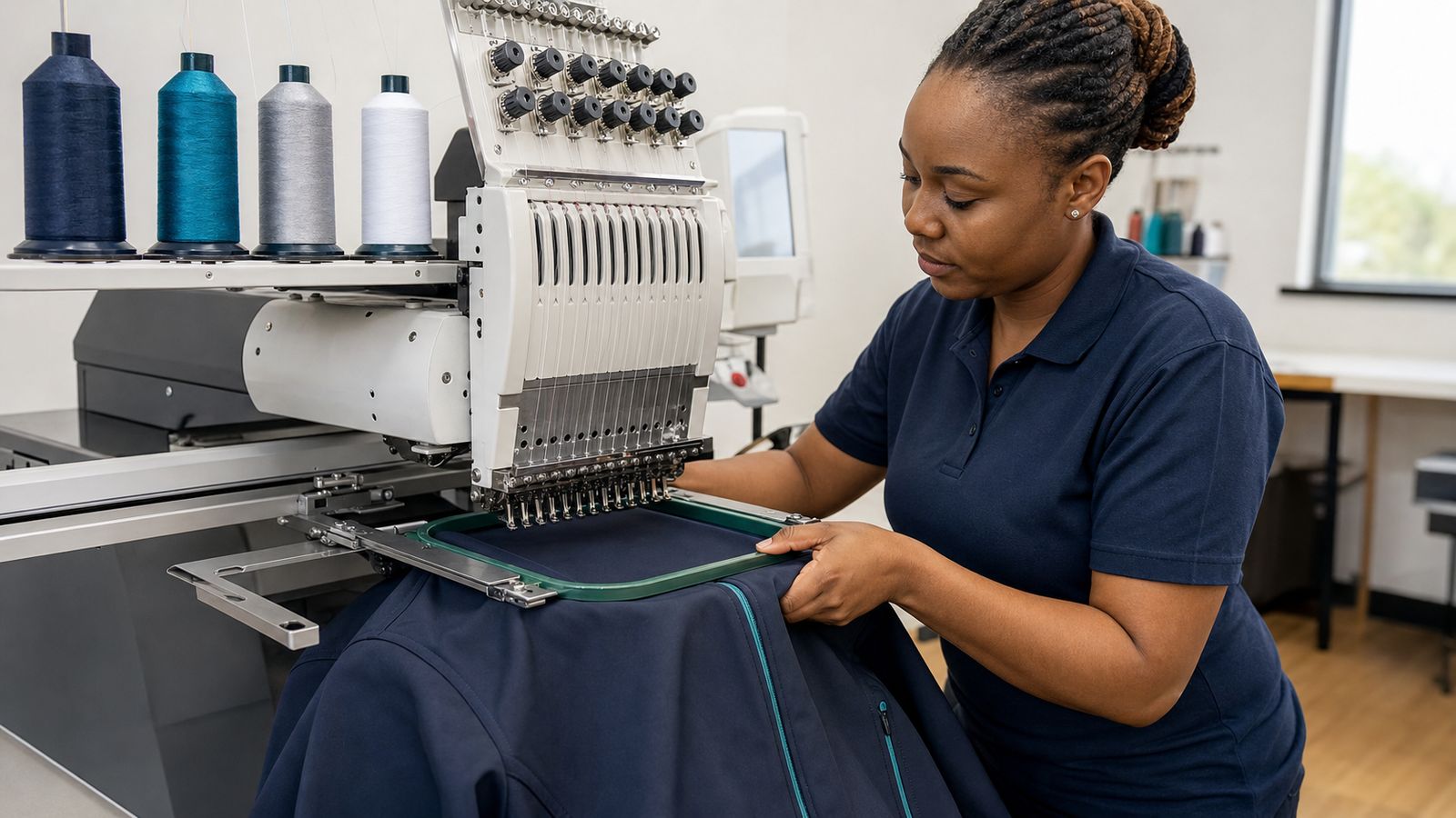 Embroidery production on corporate apparel